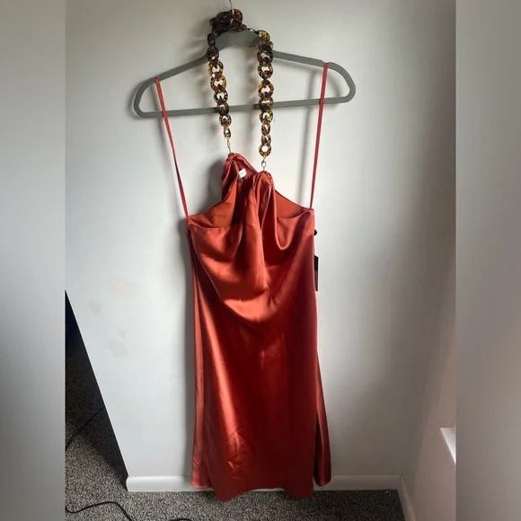 Gianni Bini Everlee Midi Dress Burnt Orange satin Tortoise Chain Neck NWT Sz 4 - Picture 2 of 8